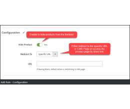 Add Rule form - Configuration tab - Hide Product - Redirect to URL