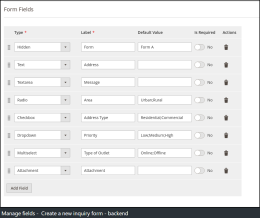 Manage fields - Create a new inquiry form - backend